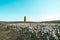 Holmsberg Lighthouse, an orange light house on the Reykjanes Peninsula in Iceland