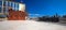 Holocaust memorial and coal steam locomotive on Zagreb central rail station panoramic view