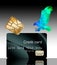 A hologram eagle comes in for a landing on a credit card and an EMV chip hovers nearby in this illustration about credit card secu