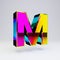 Holographic 3d letter M uppercase. Glossy font with multicolor reflections and shadow isolated on white background
