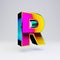 Holographic 3d letter R uppercase. Glossy font with multicolor reflections and shadow isolated on white background