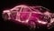 Holographic animation of 3D wireframe car model with engine