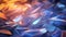 Holographic background with glass shards and rainbow reflections in blue and peach colors