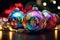 Holographic Christmas balls on neon winter background. Generative AI