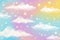 Holographic fantasy rainbow unicorn background with clouds and stars. Pastel color sky. Magical landscape, abstract fabulous