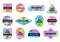 Holographic foil sticker. Holo emblem tags templates with iridescent color gradient, retro 90s vaporwave style labels