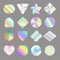 Holographic stickers. Retro shiny gradients stickers ads emblems and tags unicorn funny colors recent vector holographic