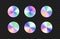 Holographic Vector Stickers set. Isolated shining radial hologram labels with iridescent lights. Metallic radial gradient swatches