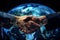 Holographic world map, businessmans handshake embodying tech based global partnership