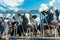 Holstein dairy cows in free open stall or outdoor cowshed in dairy farm