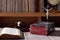 Holy bible book and judges gavel on table background. Judicial system, constitution, democracy, rule of law. There are no people