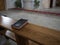Holy Bible on old wooden church table
