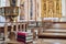 Holy bible on a wooden church bench, selective focus.