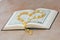 The holy book Quran and the rosary . Arabic greeting written appeal prayer .