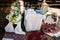 Holy Bread and wedding loaf. Wedding crowns in church ready for marriage ceremony. close up. crown, bowl  in the church on table