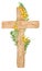 Holy Christ Cross. Watercolor illustration of a wooden cross with yellow mimosa branches