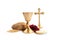 Holy Communion. A chalice of wine, bread, grapes and ears of wheat. Easter service,