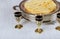 Holy communion on wooden table in church cup of glass with red wine, bread