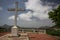 Holy Cross and mountains with view over the city of Assomada on the island of Santiago, Cabo Verde islands