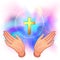 Holy Cross. Open human hands showing a main symbol of Christianity. Praying or worshiping. Vector illustration of a devotion