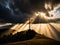 Holy cross symbolizing the death and resurrection of Jesus Christ with The sky over Golgotha Hill is shrouded in light and clouds