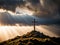 Holy cross symbolizing the death and resurrection of Jesus Christ with The sky over Golgotha Hill is shrouded in light and clouds