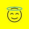 Holy emoticon with halo on head. Angel emoji isolated on yellow background. Vector illustration EPS 10