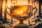 Holy grail chalice in landscape with sunset. Magic cup for spiritual ceremony. Fantasy item. Created with Generative AI