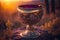 Holy grail chalice in landscape with sunset. Magic cup for spiritual ceremony. Fantasy item. Created with Generative AI