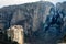 The Holy Monastery of Roussanou among the steep cliffs, mountains panorama, Kalampaka, Trikala, Thessaly