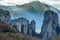 The Holy Monastery of Roussanou among the steep cliffs, mountains panorama, Kalampaka, Trikala, Thessaly