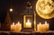 holy month of Ramadan, Laylat al-Qadr, Arab lantern fanus, candles, full moon, magical atmosphere, warm light, dark
