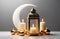 holy month of Ramadan, Laylat al-Qadr, Arab lantern fanus, golden candles, light shades, gray background