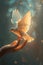 The Holy Spirit descends like a white dove on the palm. Generative AI.