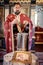 Holy water consecration in orthodox church. Religious priest during service