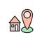 Home address, house with destination mark, geolocation flat color line icon.