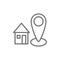 Home address, house with destination mark, geolocation line icon.