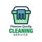 Home and apartment cleaning service logo in linear style. Green bucket with blue rag icon. Flat vector design for flyer