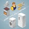 Home appliance repair. Isometric concept. Worker, equipment.