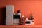 Home appliances render banner over red background with copy space.