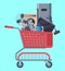 Home appliances shopping basket flat illustration vector. Modern technology house machine equipment. Creative household