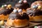 Home baked Easter buns covered with chocolate ganache and decorated with eggs. AI generated