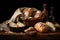 Home-baked sliced loaved of bread in a wooden crate, dark table food setting