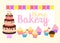 Home bakery vector illustration of birthday cake, capcake and sweets . Colorful party flags and letters. Design idea for