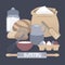 Home baking illustration with milk decanter, rolling pin, flour, sugar container and eggs.