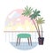 Home balcony or terrace with table and palm tree, veranda or patio with cozy furniture