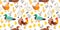 Home birds, seamless pattern. Rooster and chickens, swans and ducks walk on a white background. Childish design for