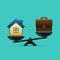 Home and business scales icon. Weight between work, money and your family. Career and family are on the scales. Balance your life