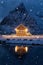Home, cabin or house at night, Norwegian fishing village in Reine City, Lofoten islands, Nordland county, Norway, Europe. White