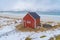 Home, cabin or house, Norwegian fishing village in Reine City, Lofoten islands, Nordland county, Norway, Europe. White snowy